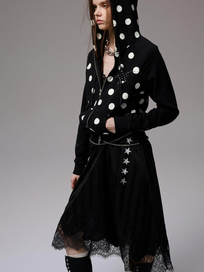 1JINN STUDIO Letter Print Lace Patchwork V-neck Women&
