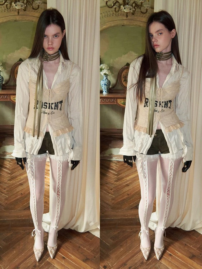 1JINN STUDIO Letter Print Lace Up Fishbone Boned Slimming Women&