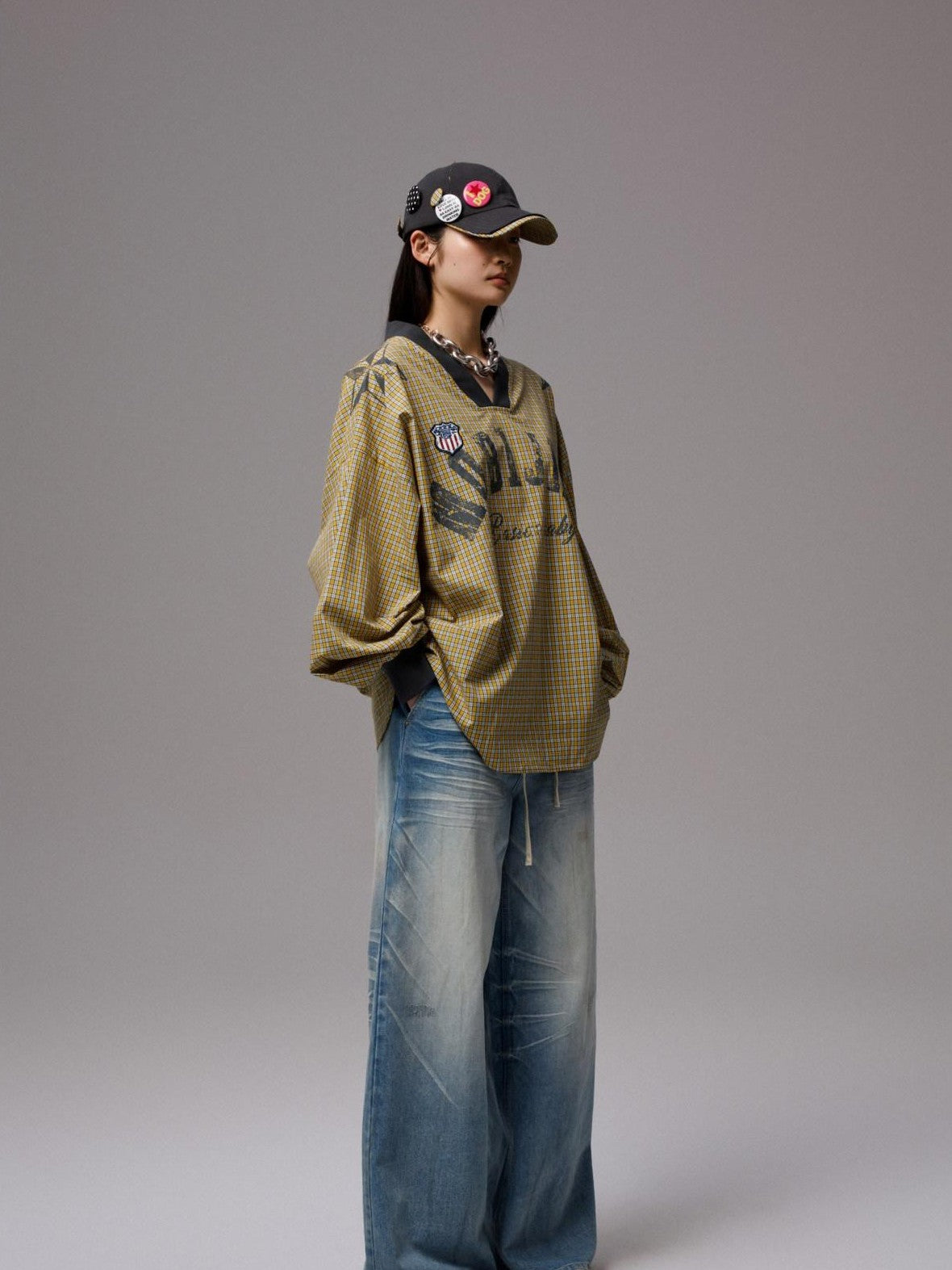 1JINN STUDIO Letter Print V-neck Plaid Loose Jersey Women&