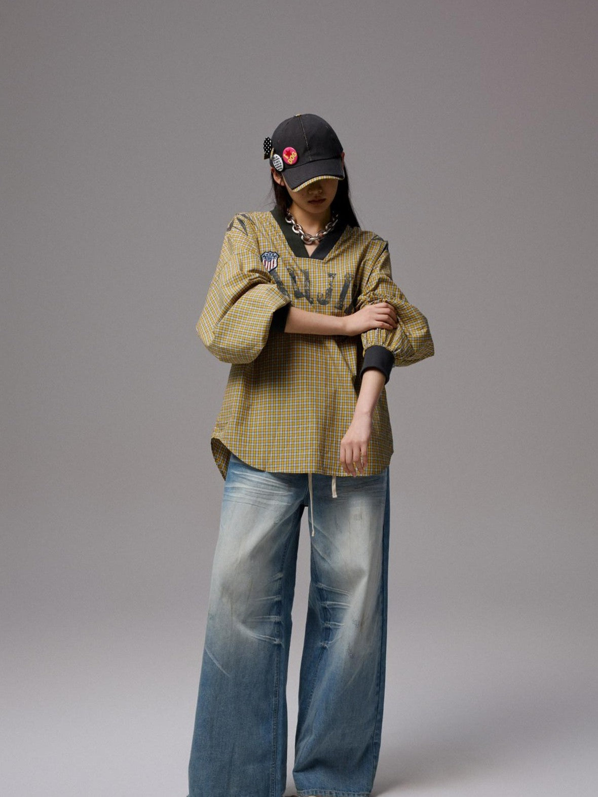 1JINN STUDIO Letter Print V-neck Plaid Loose Jersey Women&