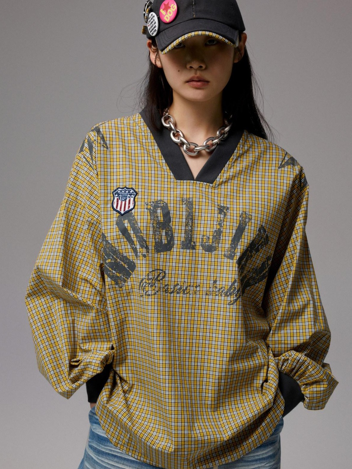 1JINN STUDIO Letter Print V-neck Plaid Loose Jersey Women&