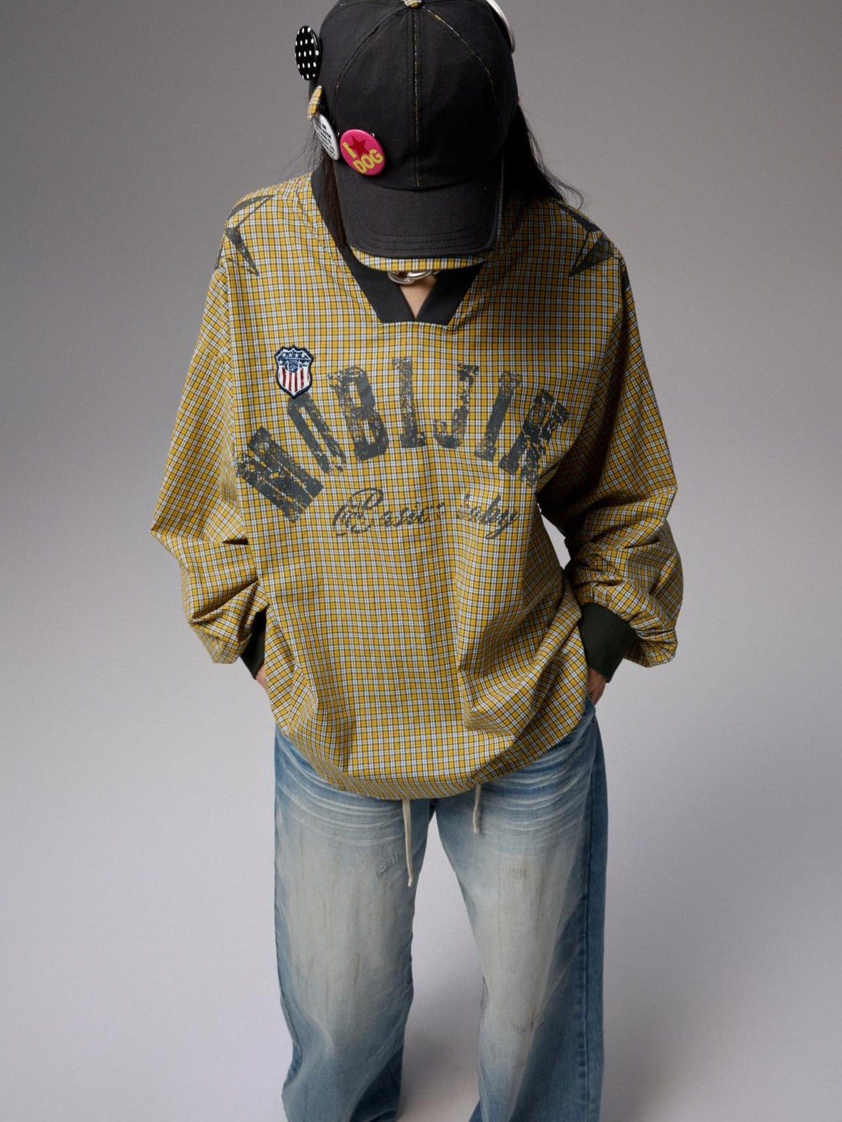 1JINN STUDIO Letter Print V-neck Plaid Loose Jersey Women&