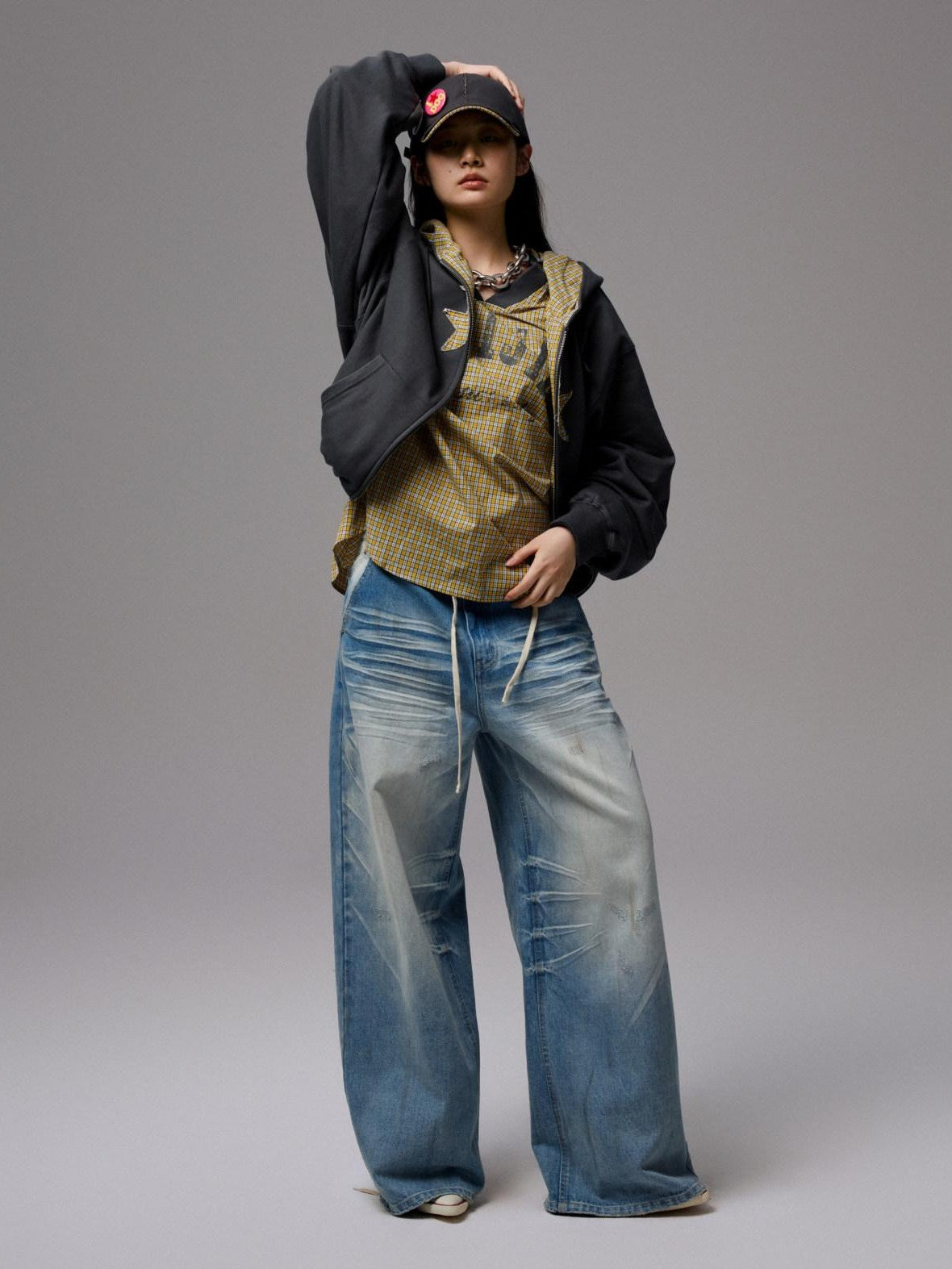1JINN STUDIO Letter Print V-neck Plaid Loose Jersey Women&
