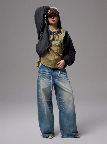 1JINN STUDIO Letter Print V-neck Plaid Loose Jersey Women&