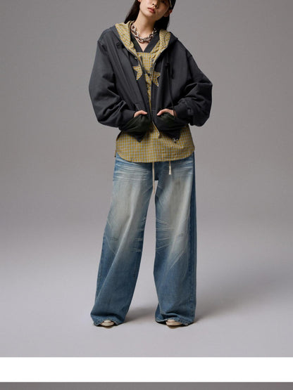 1JINN STUDIO Letter Print V-neck Plaid Loose Jersey Women&