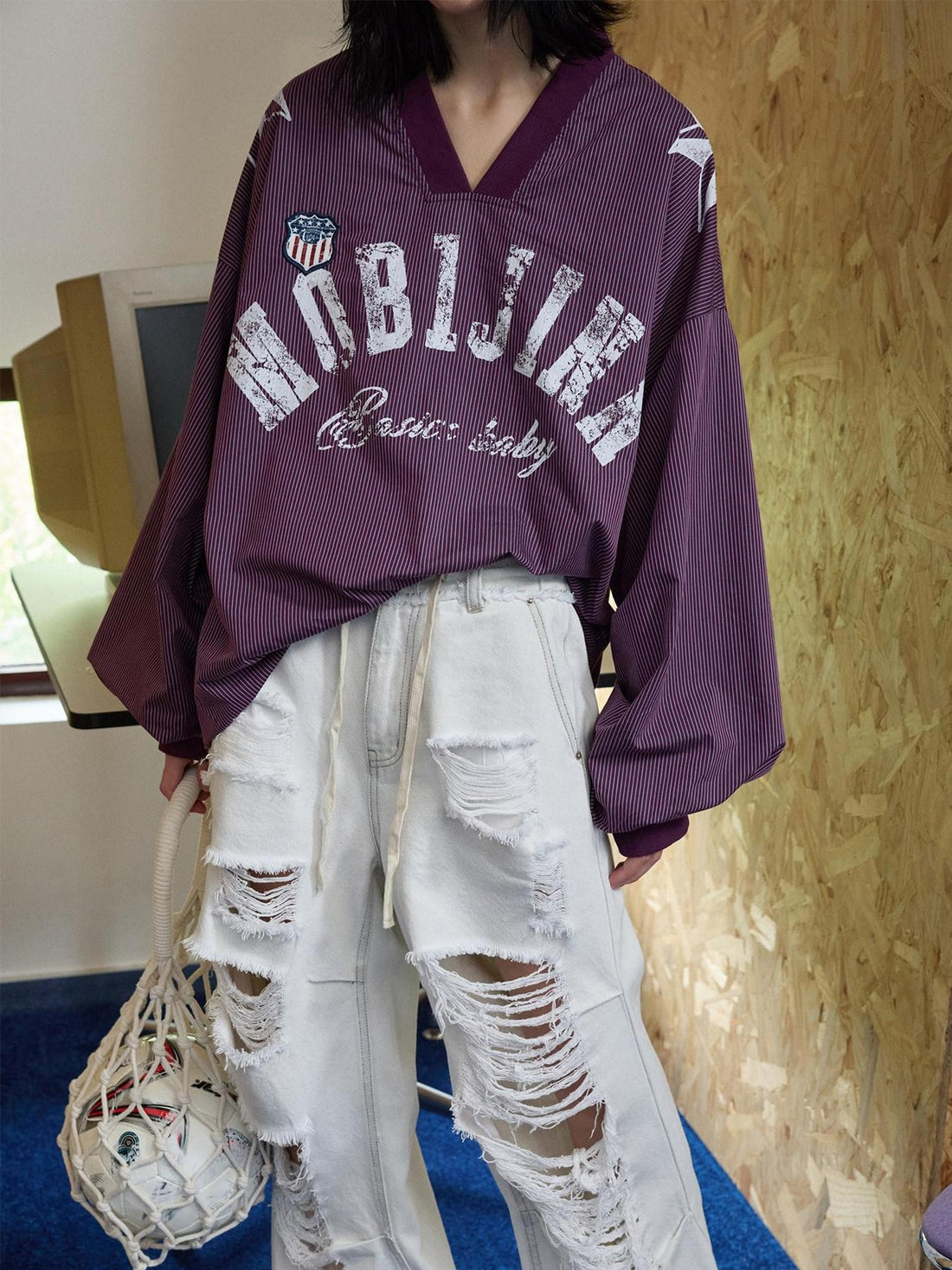 1JINN STUDIO Letter Print V-neck Plaid Loose Jersey Women&