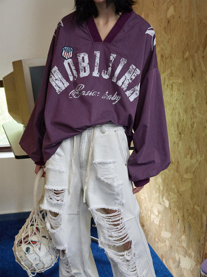 1JINN STUDIO Letter Print V-neck Plaid Loose Jersey Women&