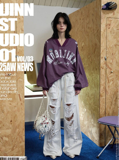 1JINN STUDIO Letter Print V-neck Plaid Loose Jersey Women&