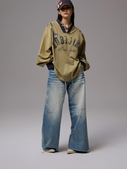 1JINN STUDIO Letter Print V-neck Plaid Loose Jersey Women&