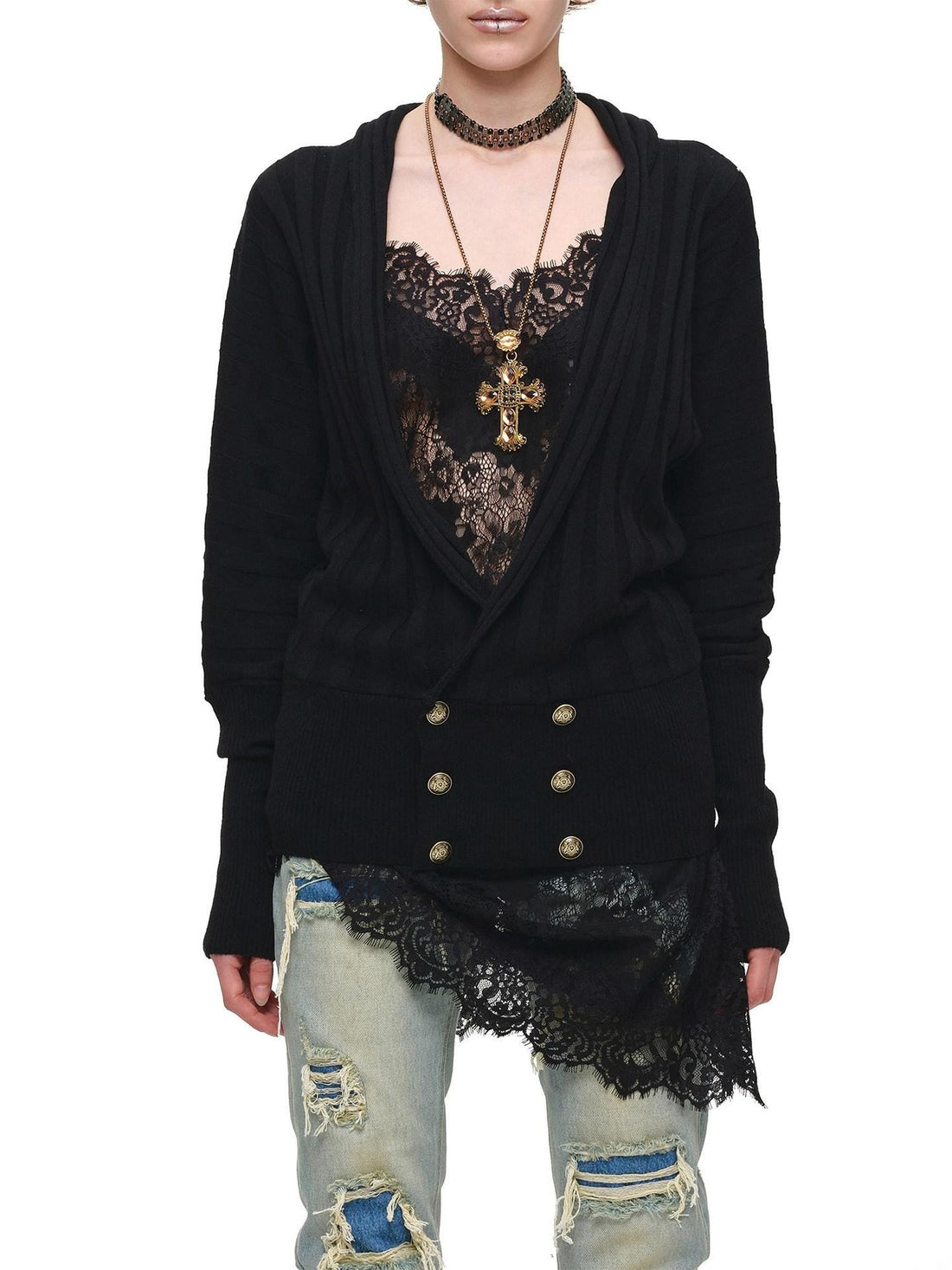 1JINN STUDIO Loose Double Row Button V-neck Batwing Women&