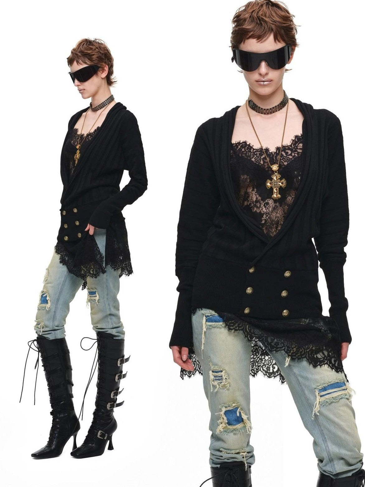 1JINN STUDIO Loose Double Row Button V-neck Batwing Women&