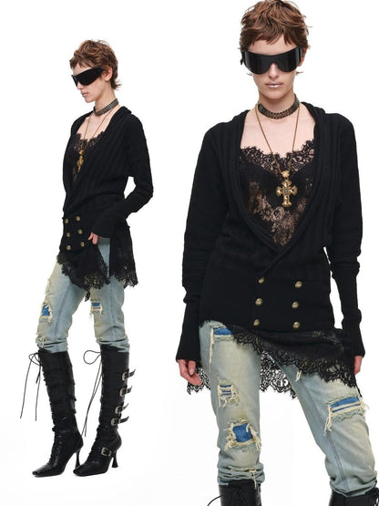 1JINN STUDIO Loose Double Row Button V-neck Batwing Women&