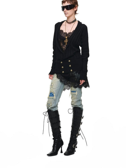 1JINN STUDIO Loose Double Row Button V-neck Batwing Women&