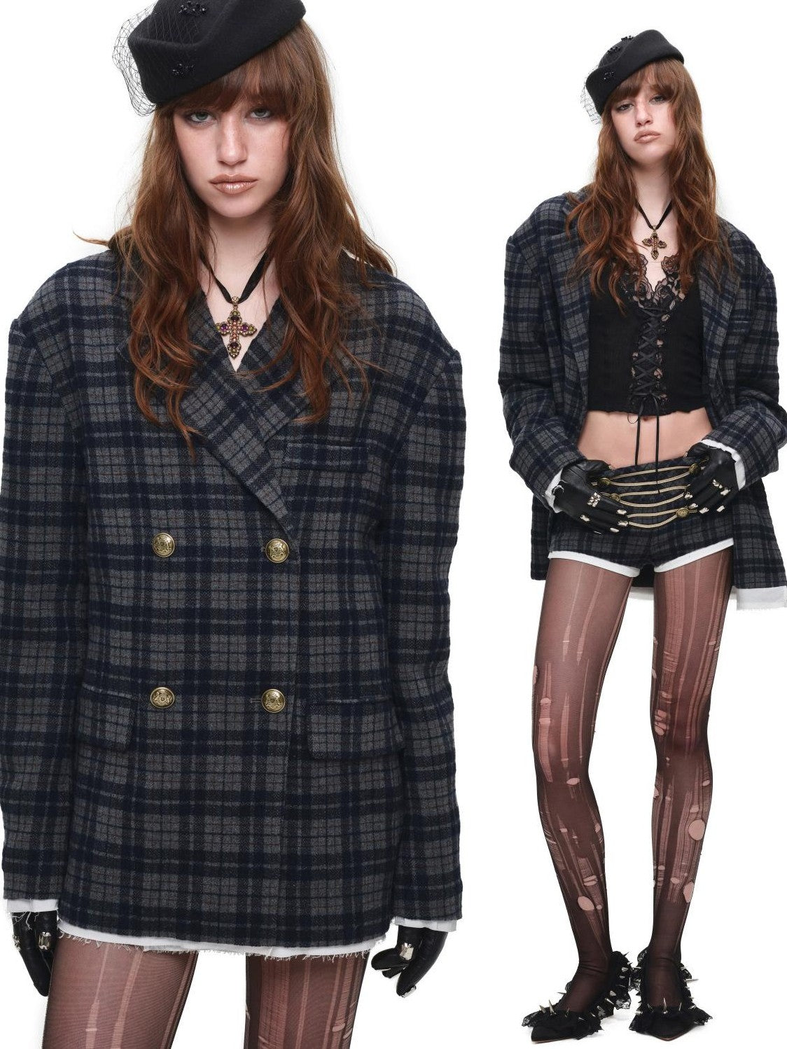 1JINN STUDIO Metal Plaid Embroidered Panel Low Rise Slim Fit Women&