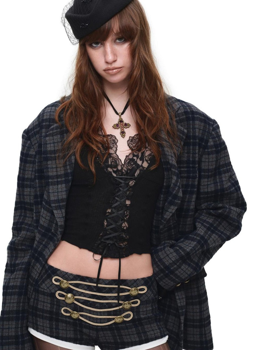 1JINN STUDIO Metal Plaid Embroidered Panel Low Rise Slim Fit Women&