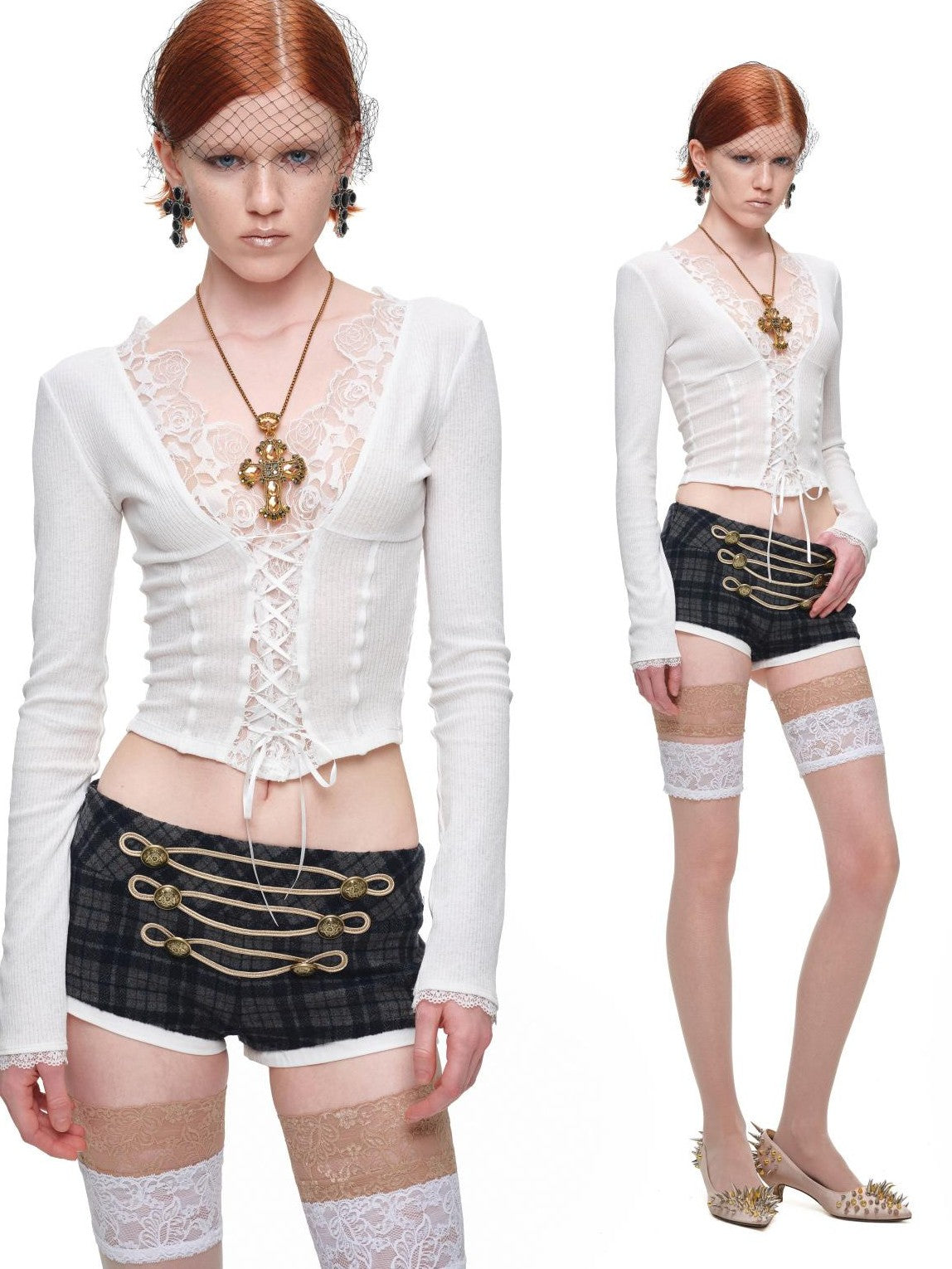 1JINN STUDIO Metal Plaid Embroidered Panel Low Rise Slim Fit Women&