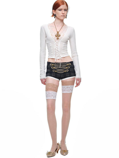 1JINN STUDIO Metal Plaid Embroidered Panel Low Rise Slim Fit Women&