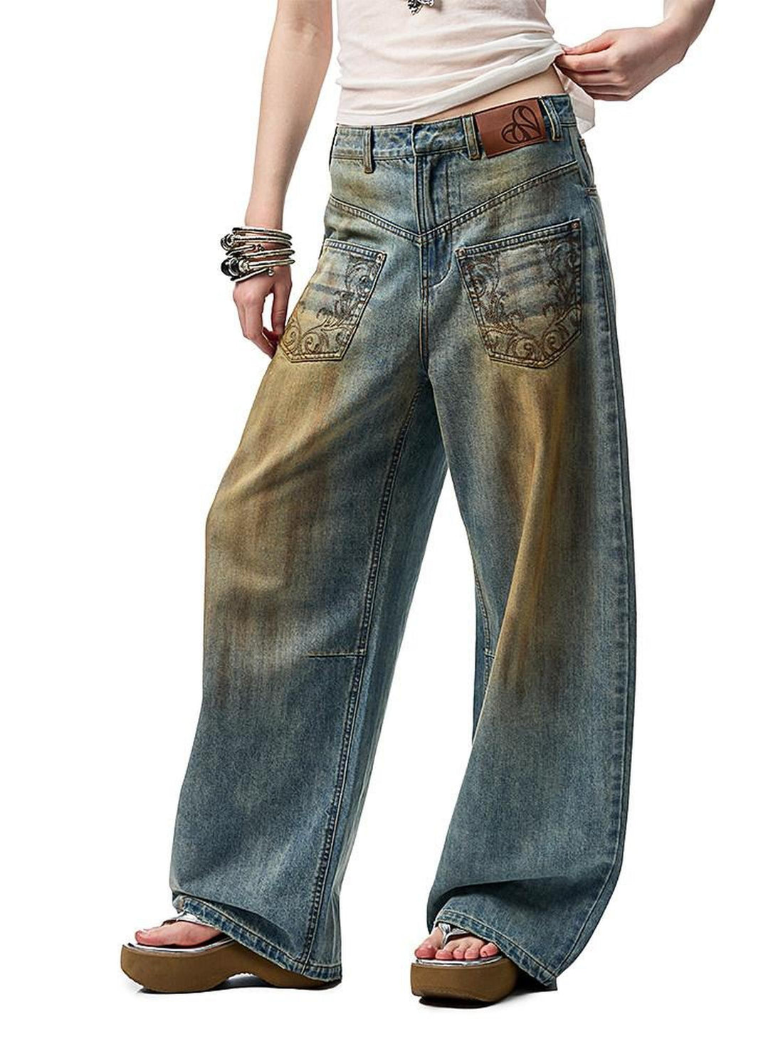 1JINN STUDIO Mud Dye Blue Washed Embroidered Deconstructed Low Rise Women&