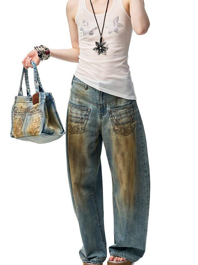 1JINN STUDIO Mud Dye Blue Washed Embroidered Deconstructed Low Rise Women&