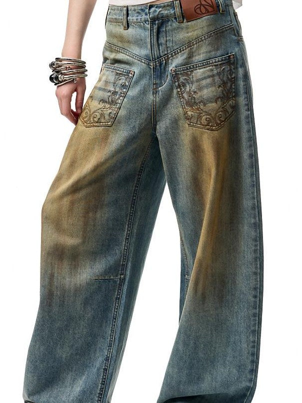 1JINN STUDIO Mud Dye Blue Washed Embroidered Deconstructed Low Rise Women&