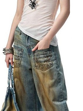 1JINN STUDIO Mud Dye Blue Washed Embroidered Deconstructed Low Rise Women&