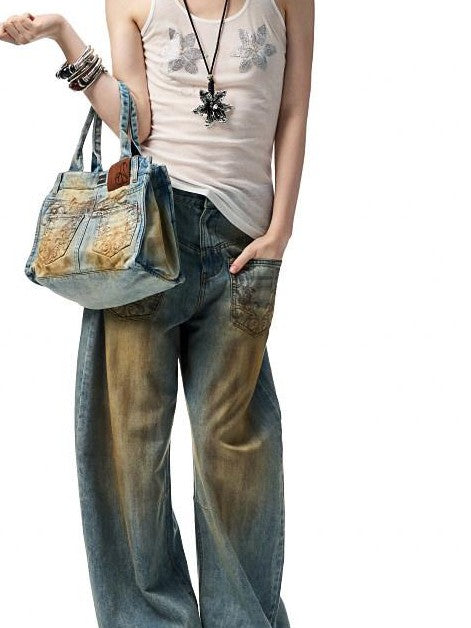1JINN STUDIO Mud Dye Blue Washed Embroidered Deconstructed Low Rise Women&