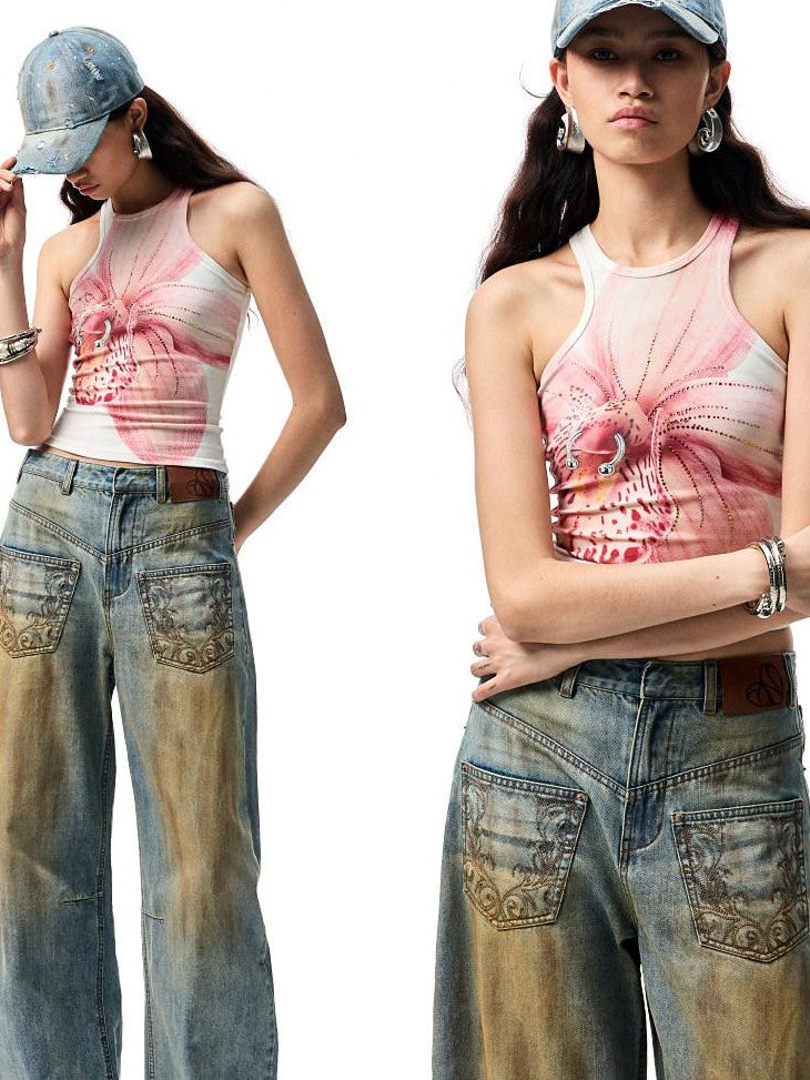 1JINN STUDIO Mud Dye Blue Washed Embroidered Deconstructed Low Rise Women&