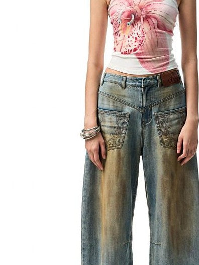 1JINN STUDIO Mud Dye Blue Washed Embroidered Deconstructed Low Rise Women&