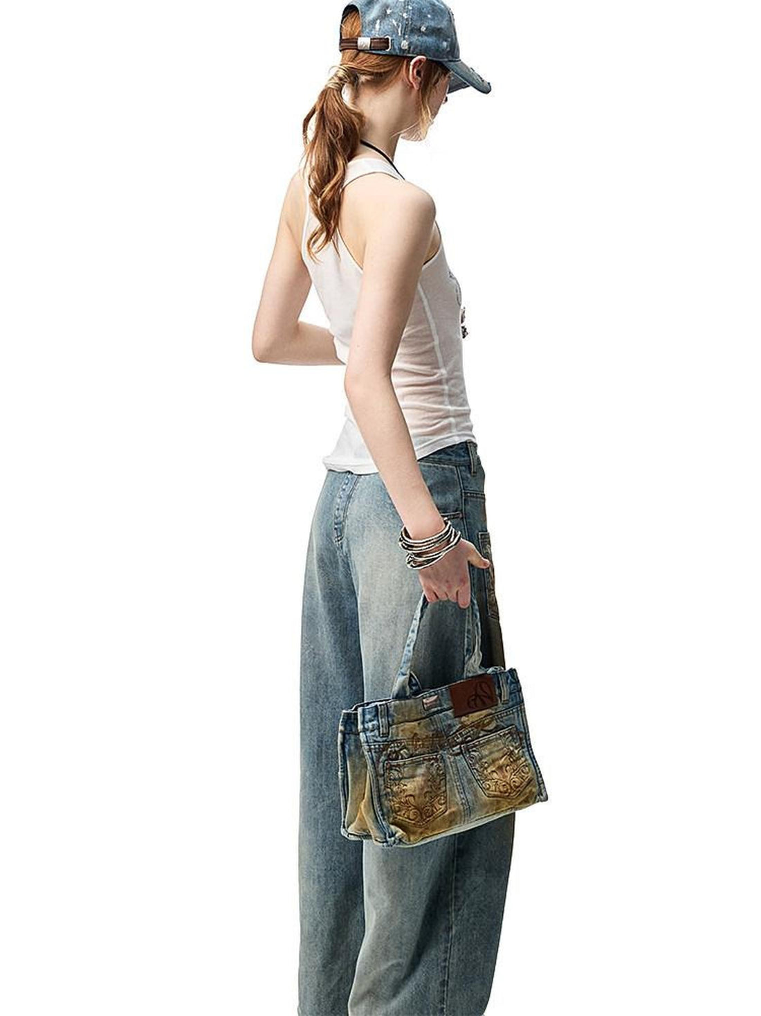 1JINN STUDIO Mud Dye Blue Washed Embroidered Deconstructed Low Rise Women&
