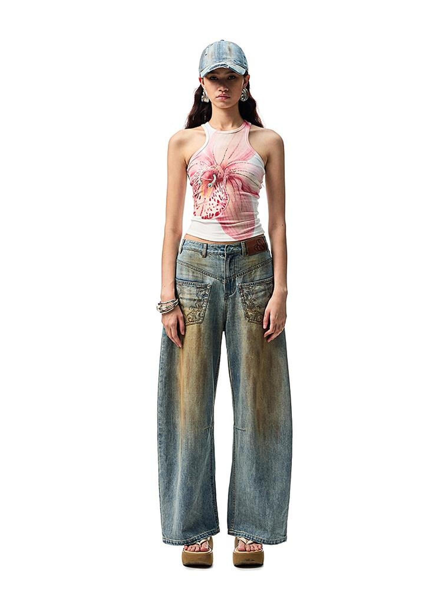 1JINN STUDIO Mud Dye Blue Washed Embroidered Deconstructed Low Rise Women&