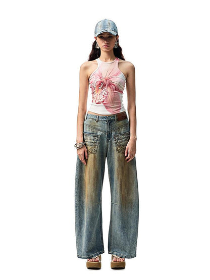 1JINN STUDIO Mud Dye Blue Washed Embroidered Deconstructed Low Rise Women&