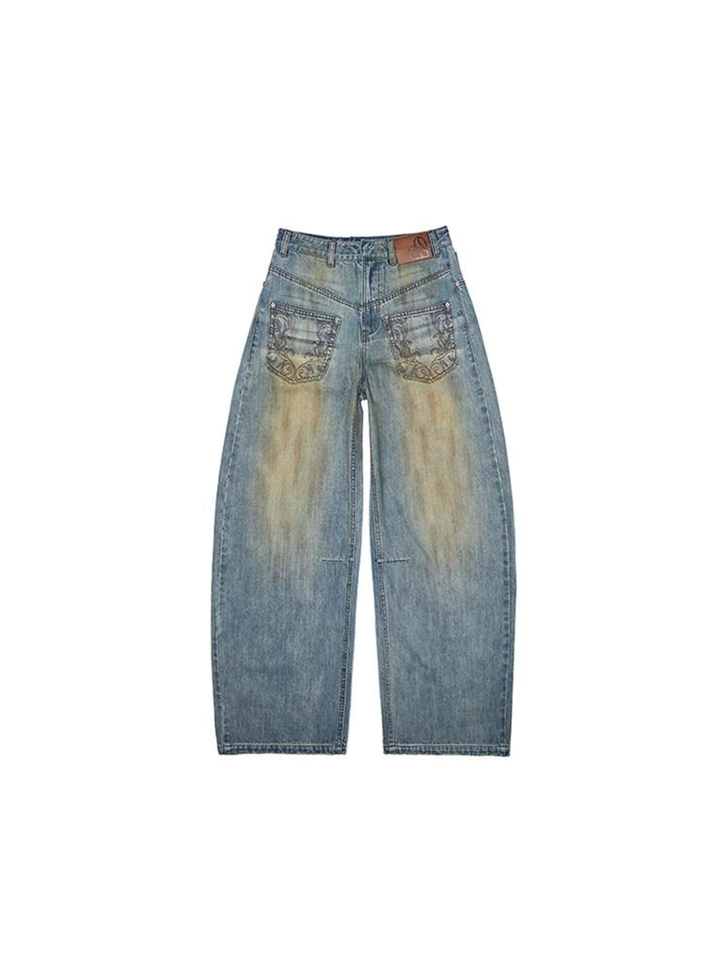 1JINN STUDIO Mud Dye Blue Washed Embroidered Deconstructed Low Rise Women&