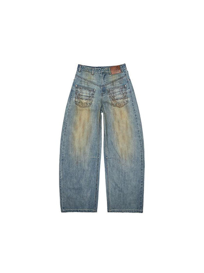 1JINN STUDIO Mud Dye Blue Washed Embroidered Deconstructed Low Rise Women&