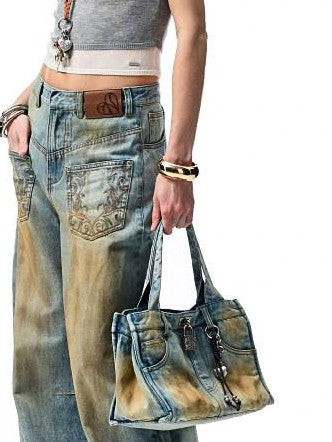1JINN STUDIO Mud Dye Blue Washed Embroidered Deconstructed Low Rise Women&
