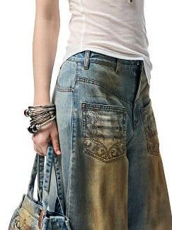 1JINN STUDIO Mud Dye Blue Washed Embroidered Deconstructed Low Rise Women&