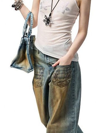 1JINN STUDIO Mud Dye Blue Washed Embroidered Deconstructed Low Rise Women&