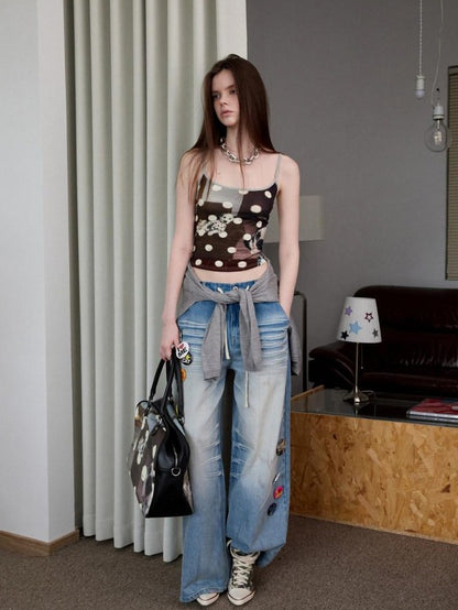 1JINN STUDIO Mud Dyed Washed Blue Distressed Whisker Scratch Women&