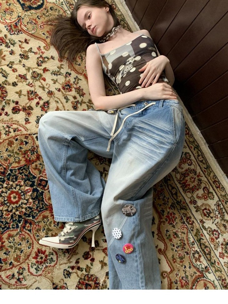1JINN STUDIO Mud Dyed Washed Blue Distressed Whisker Scratch Women&