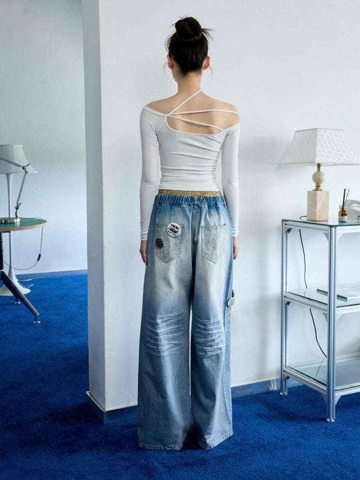 1JINN STUDIO Mud Dyed Washed Blue Distressed Whisker Scratch Women&