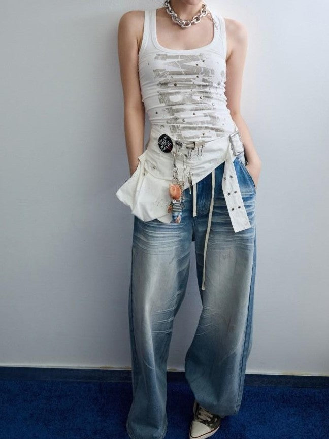 1JINN STUDIO Mud Dyed Washed Blue Distressed Whisker Scratch Women&