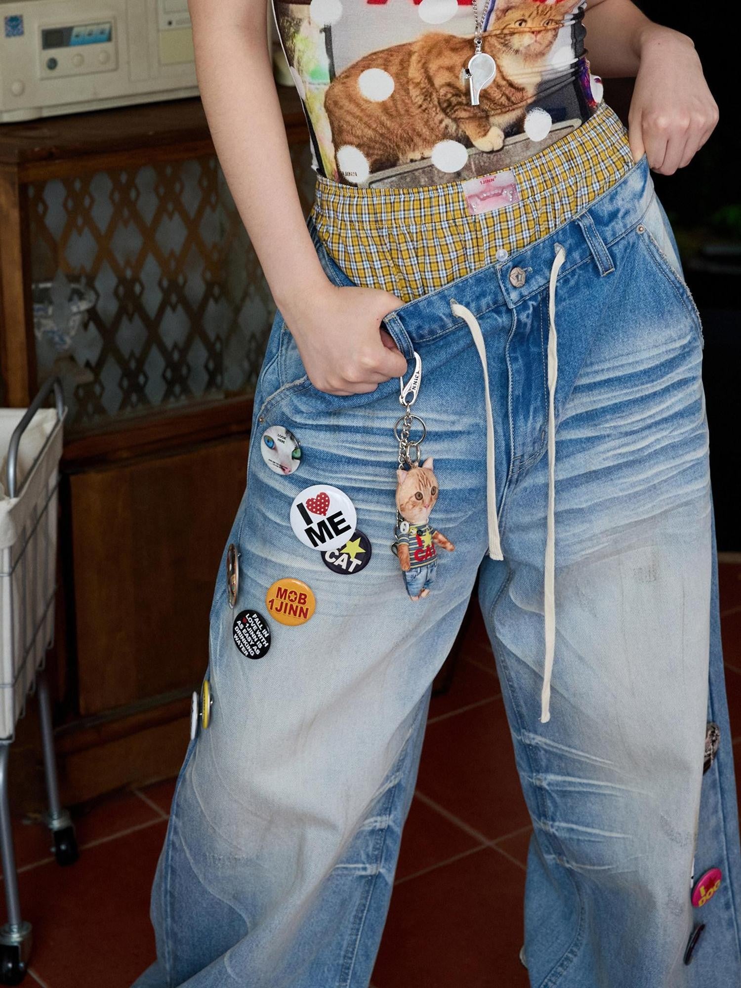 1JINN STUDIO Mud Dyed Washed Blue Distressed Whisker Scratch Women&