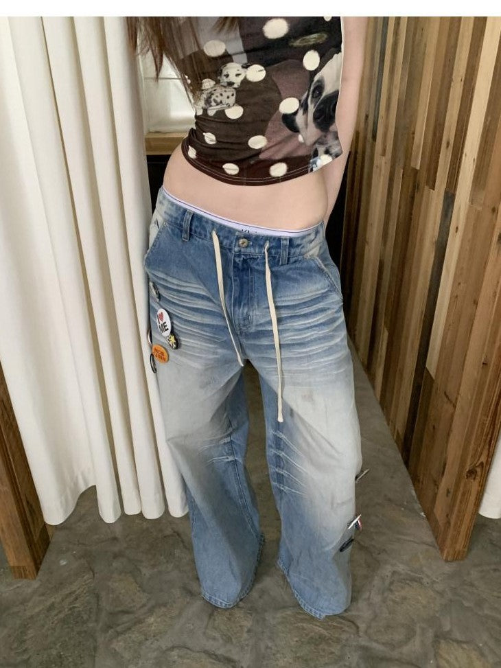 1JINN STUDIO Mud Dyed Washed Blue Distressed Whisker Scratch Women&