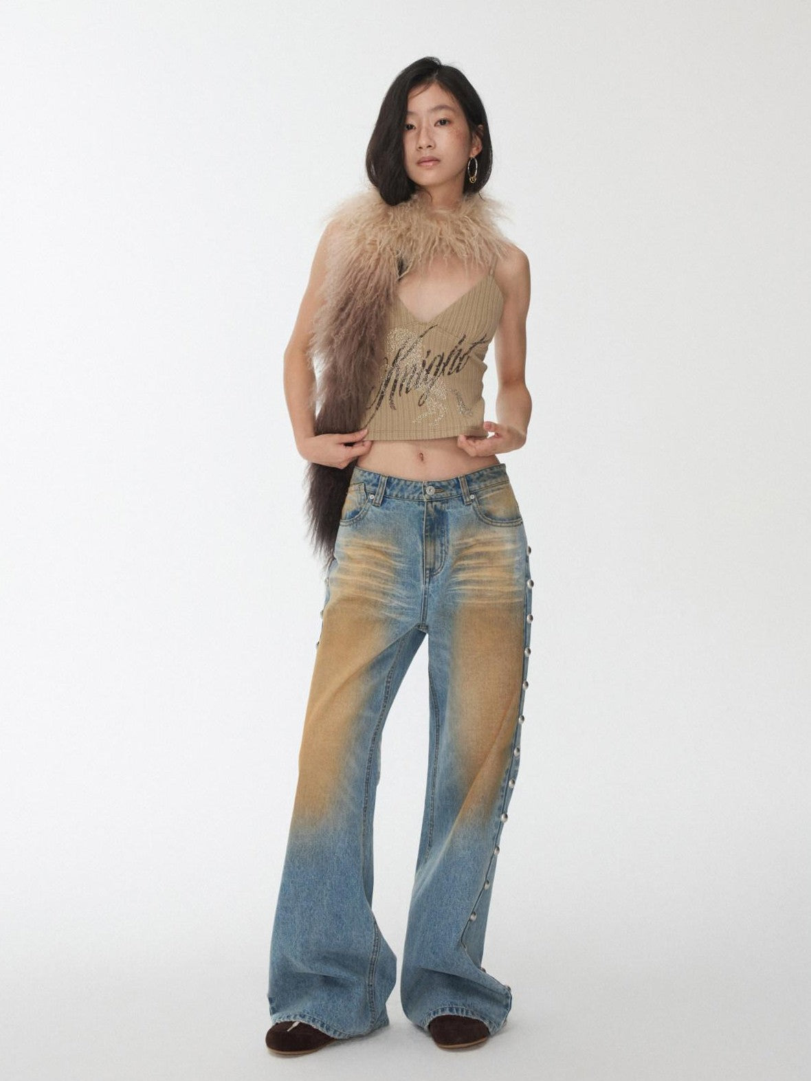1JINN STUDIO Mud Dyed Washed Distressed Studded Women&
