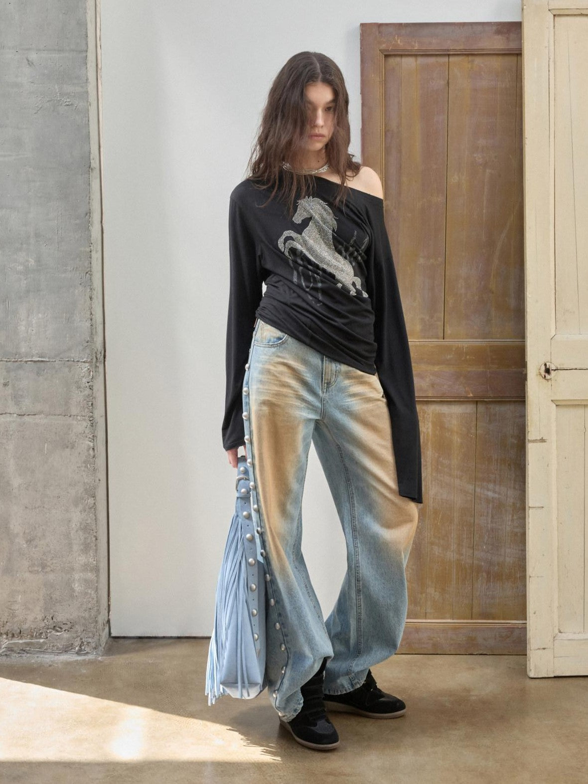 1JINN STUDIO Mud Dyed Washed Distressed Studded Women&