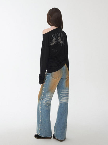 1JINN STUDIO Mud Dyed Washed Distressed Studded Women&
