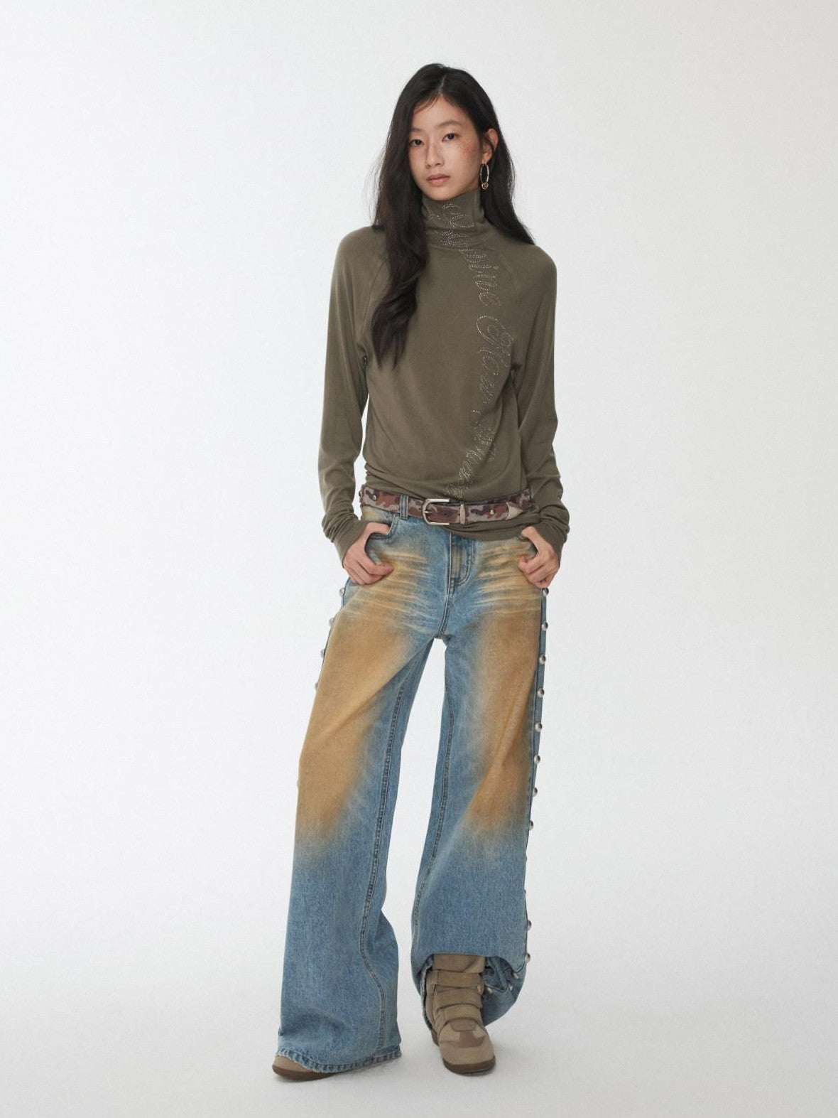 1JINN STUDIO Mud Dyed Washed Distressed Studded Women&