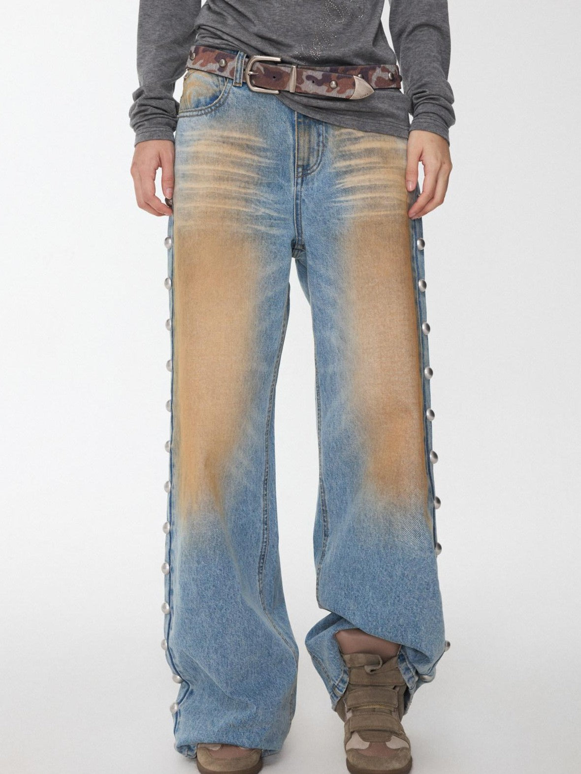 1JINN STUDIO Mud Dyed Washed Distressed Studded Women&