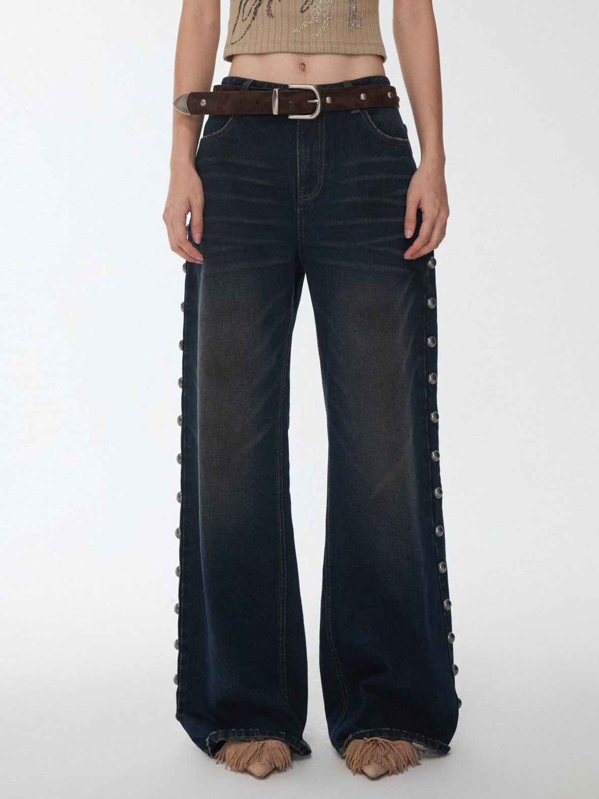 1JINN STUDIO Mud Dyed Washed Distressed Studded Women&