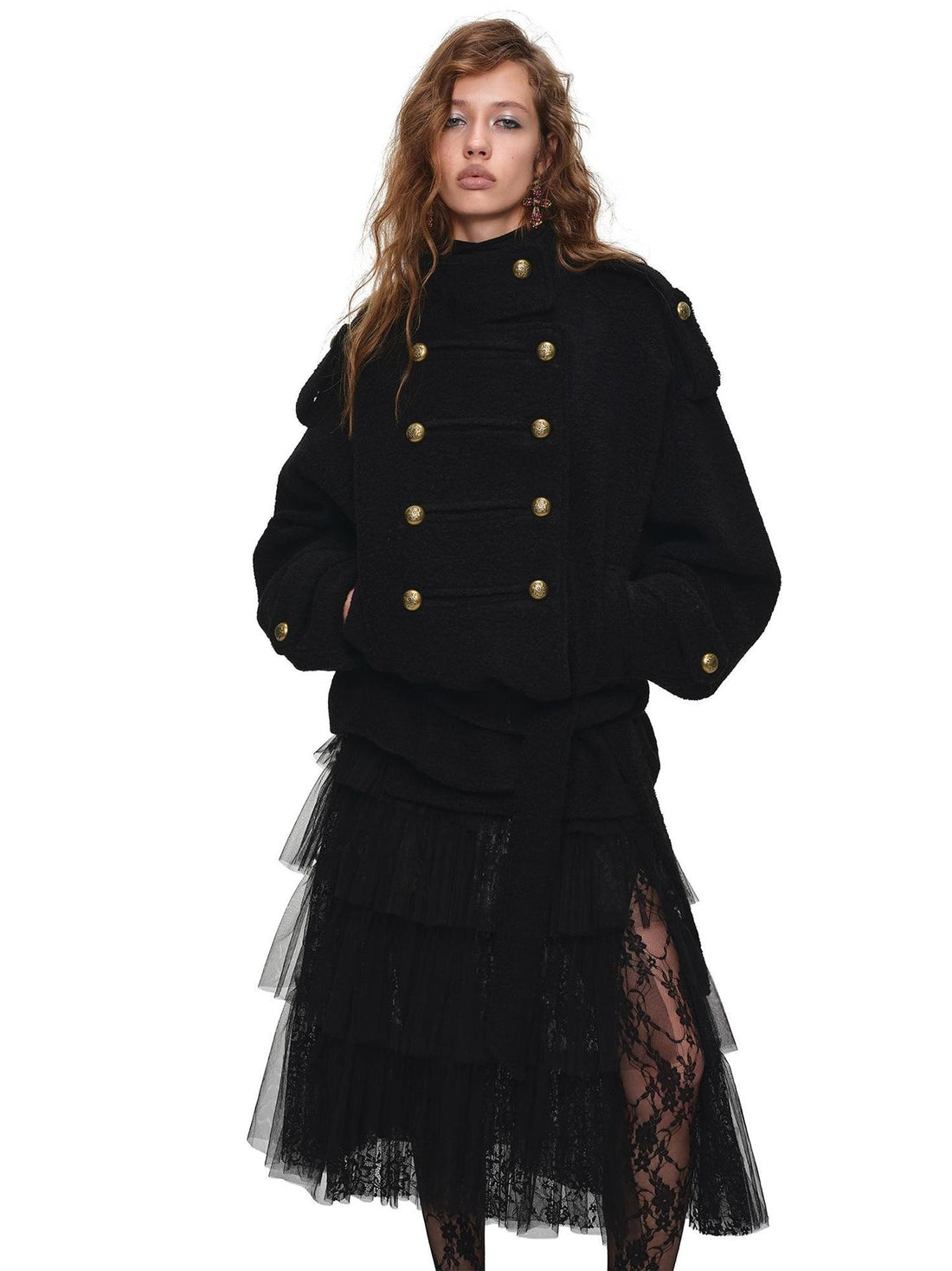 1JINN STUDIO Napoleon Stand Collar Slanted Pockets Loose Fit Women&