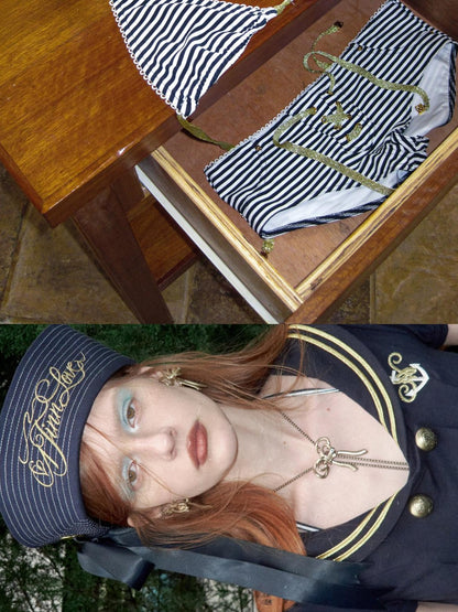 1JINN STUDIO Nautical Gold Embroidered Bow Ribbon Tie Women&